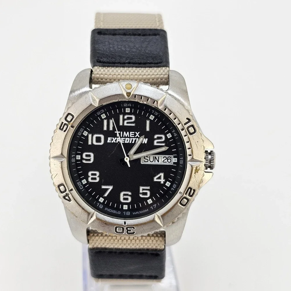 Timex Expedition Men Watch 40MM Black DayDate Dial NEW Tan Nylon Bands Battery